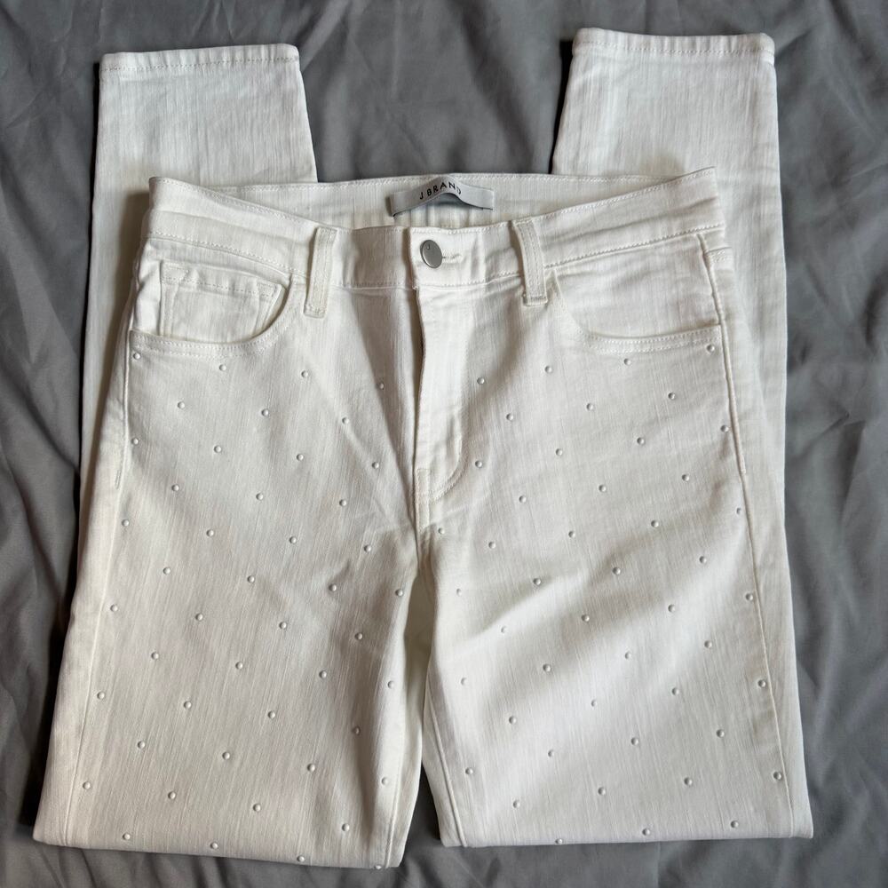 J Brand White Skinny Jeans Size 27 Textured Dot Stretch Denim - Picture 2 of 13